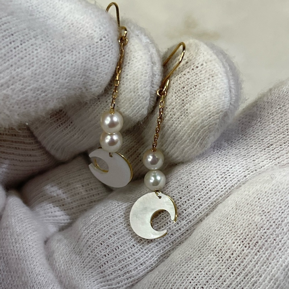 14k japan yellow gold dangling earrings with fresh water pearl - Picture 10 of 11